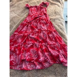 Poppies and Roses Red Hawaiian Palm Print Smocked Tiered Maxi Dress Womens 8